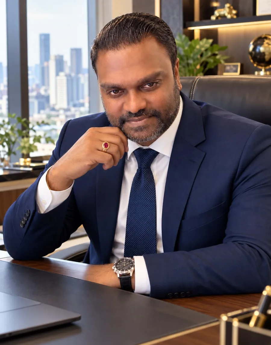 Mr. Xavier, Founder and CEO of Sky Line, seated at his office desk in a navy suit and tie
